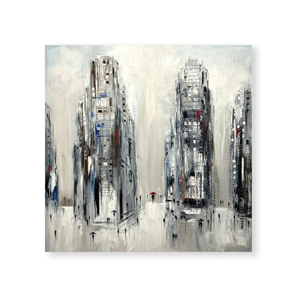 Cityscape in Rain with Umbrella - Modern Abstract Oil Painting on Canvas