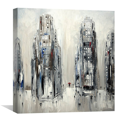 Cityscape in Rain with Umbrella - Modern Abstract Oil Painting on Canvas