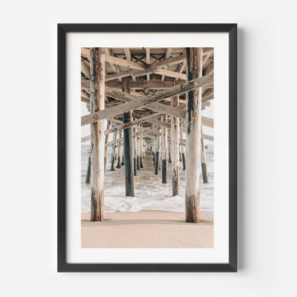 Tranquil Ocean View Under Pier - Serene Coastal Oil Painting for Home Decor