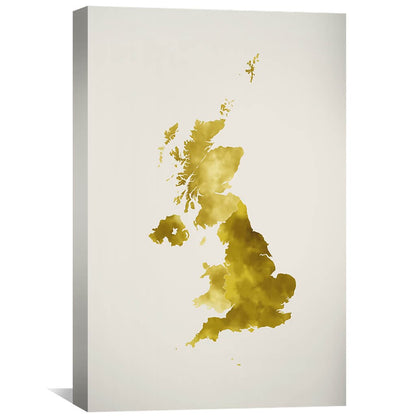 Elegant Gold Map of the United Kingdom Watercolor Oil Painting for Home Decor