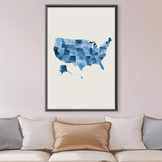 Elegant Watercolor Map of the United States - Blue Abstract Canvas Art