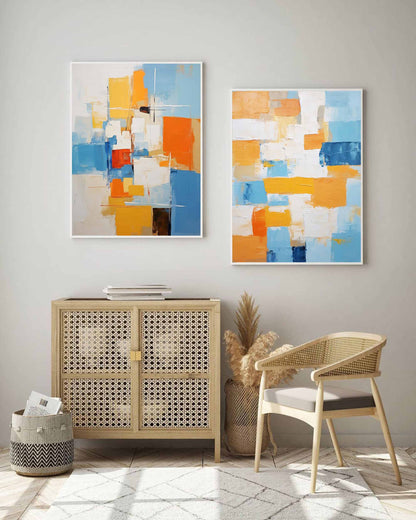 Vibrant Abstract Oil Painting with Blue and Orange Geometric Shapes for Modern Decor