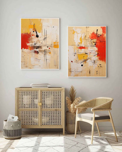 Vibrant Abstract Oil Painting Duo with Red and Yellow Accents for Modern Decor