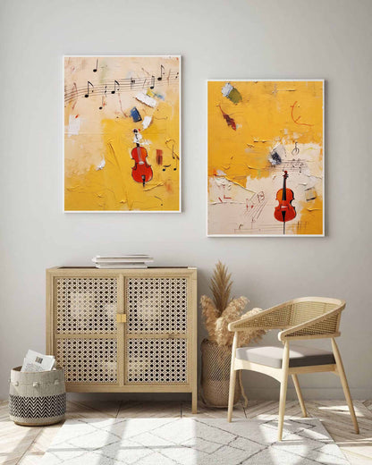 Vibrant Abstract Oil Painting with Violins and Musical Notes in Bright Yellow