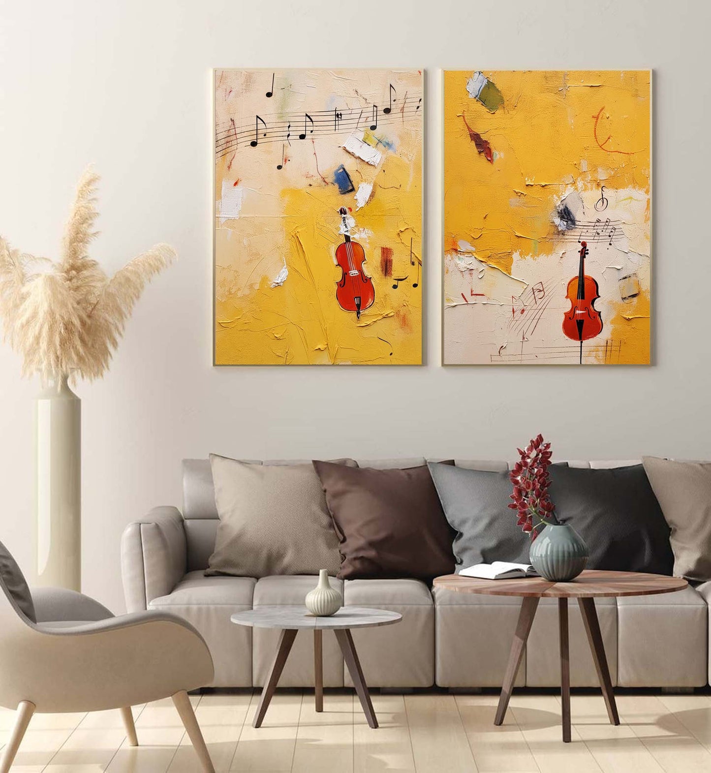 Vibrant Abstract Oil Painting with Violins and Musical Notes in Bright Yellow