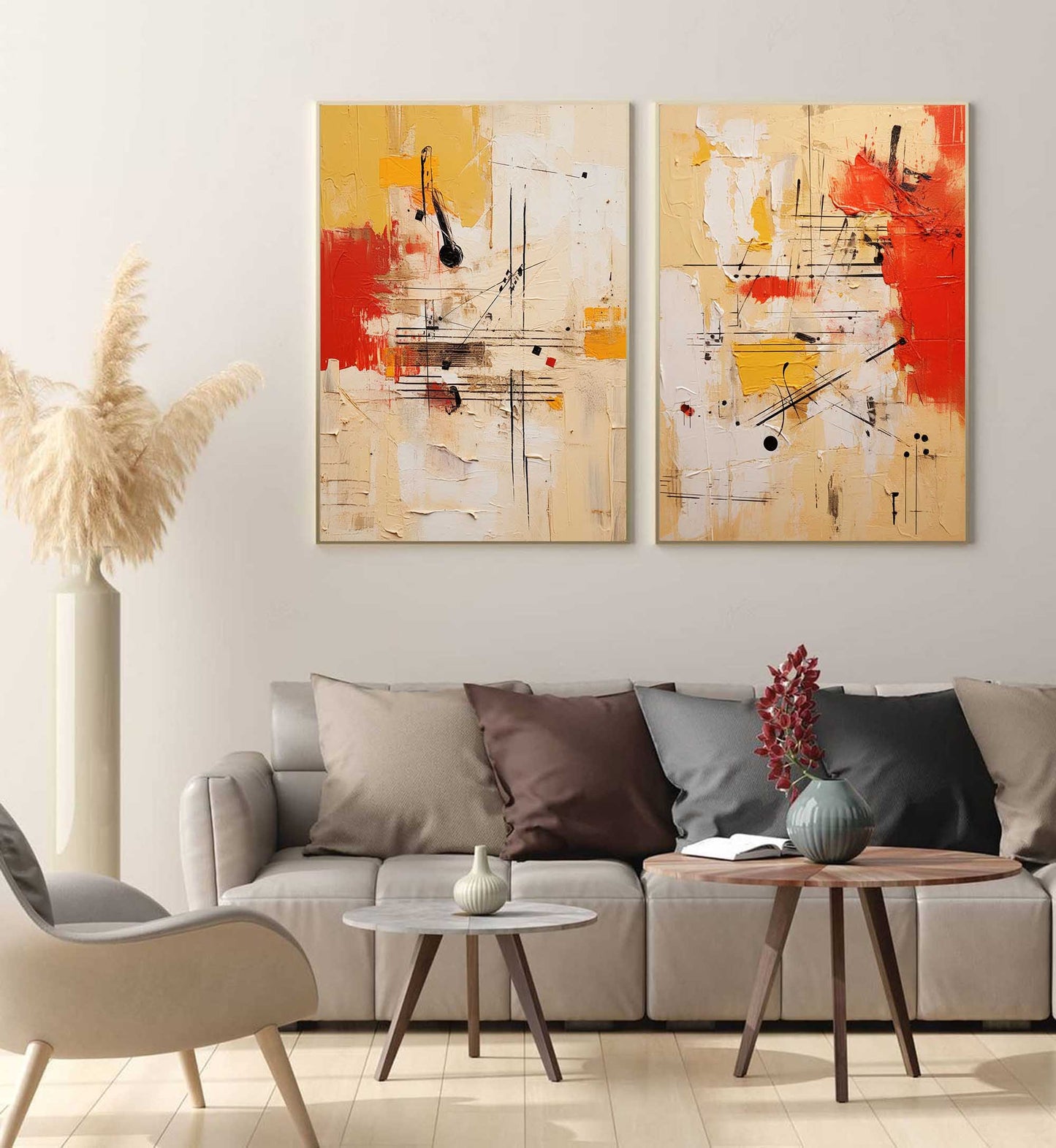 Vibrant Abstract Oil Painting Duo with Red and Yellow Accents for Modern Decor