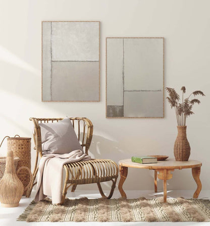 Contemporary Dual Panel Abstract Oil Painting in Soothing Neutral Tones