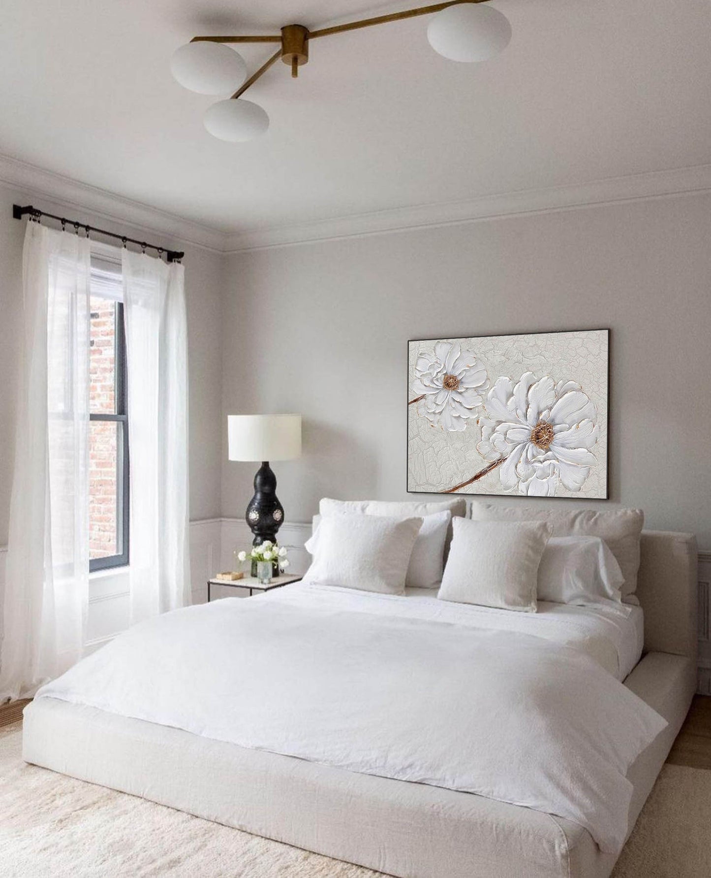 Elegant White Flower Oil Painting for Minimalist Home Decor and Wall Art