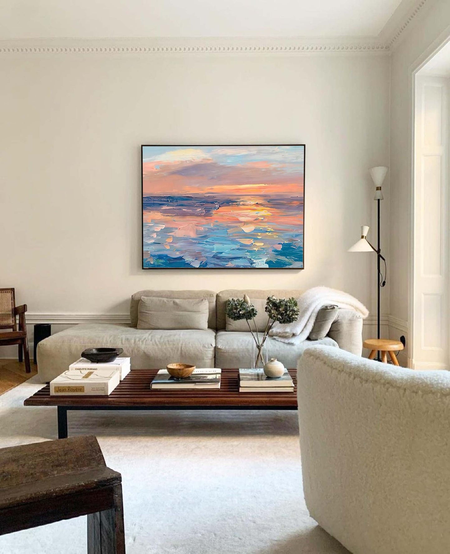 Serene Ocean Sunset Oil Painting for Coastal Home Decor