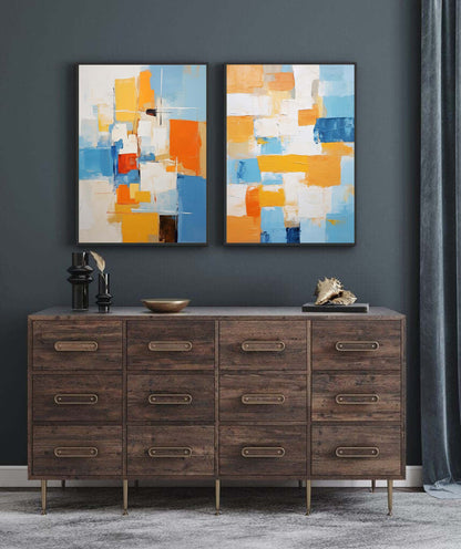 Vibrant Abstract Oil Painting with Blue and Orange Geometric Shapes for Modern Decor