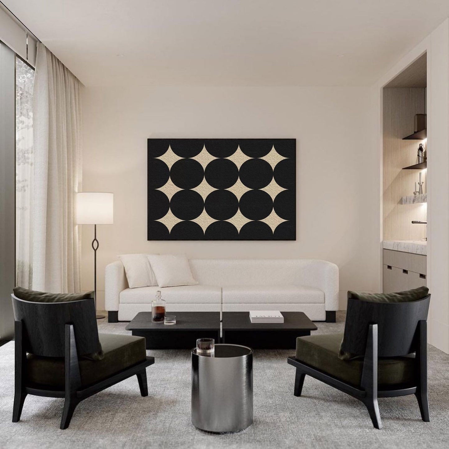 Elegant Black and Beige Minimalist Geometric Oil Painting for Modern Decor