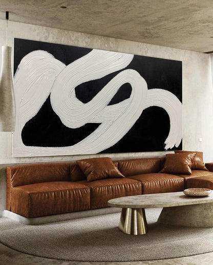 Abstract Minimalist White Line Art on Black Canvas for Modern Home Decor