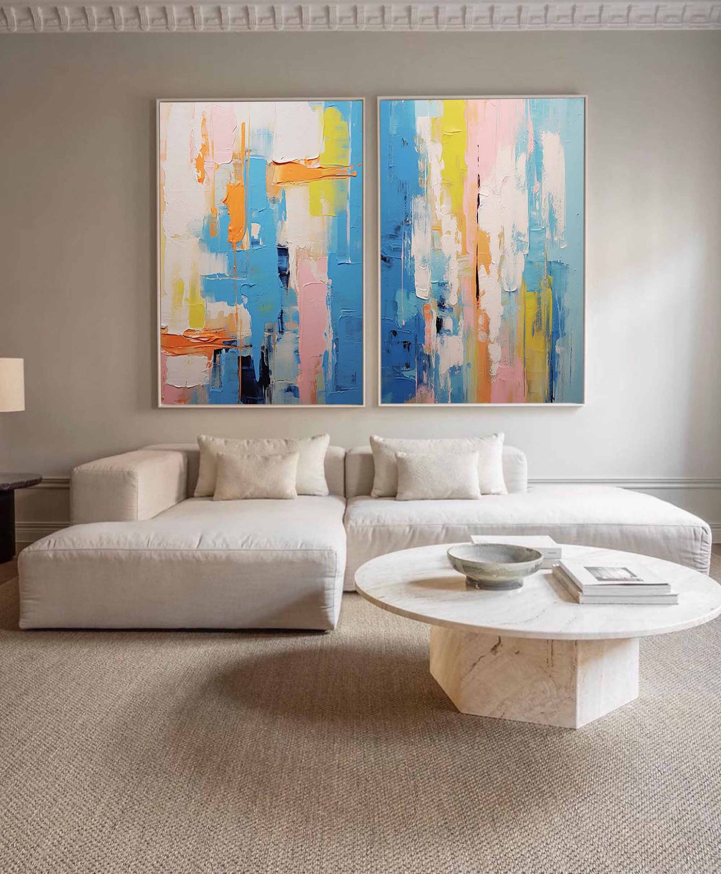 Vibrant Abstract Oil Painting Set in Blue, Pink, and Yellow for Modern Home Decor