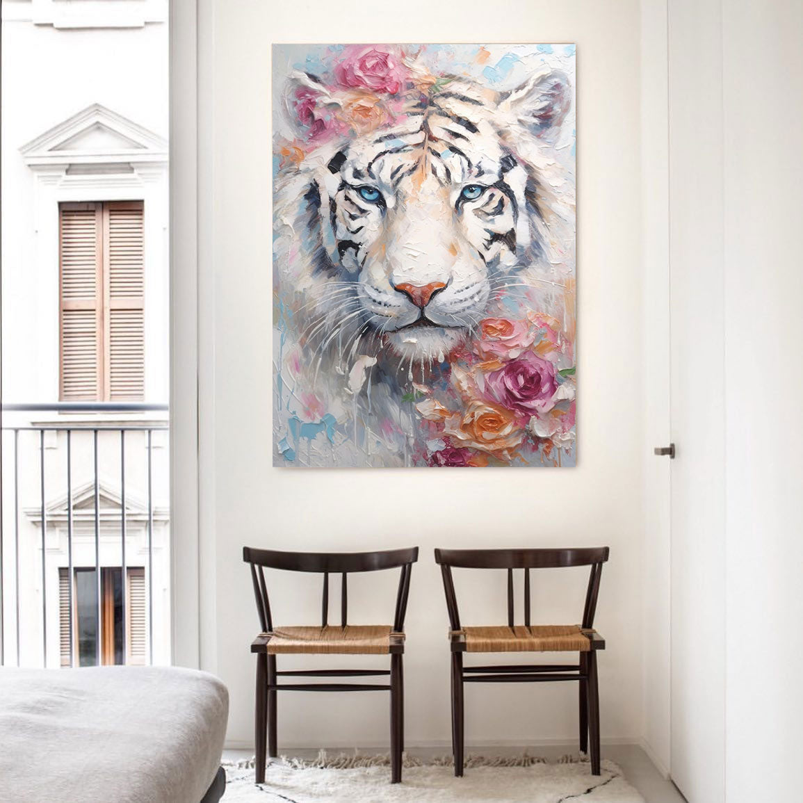 Majestic White Tiger Oil Painting with Floral Accents for Home Decor