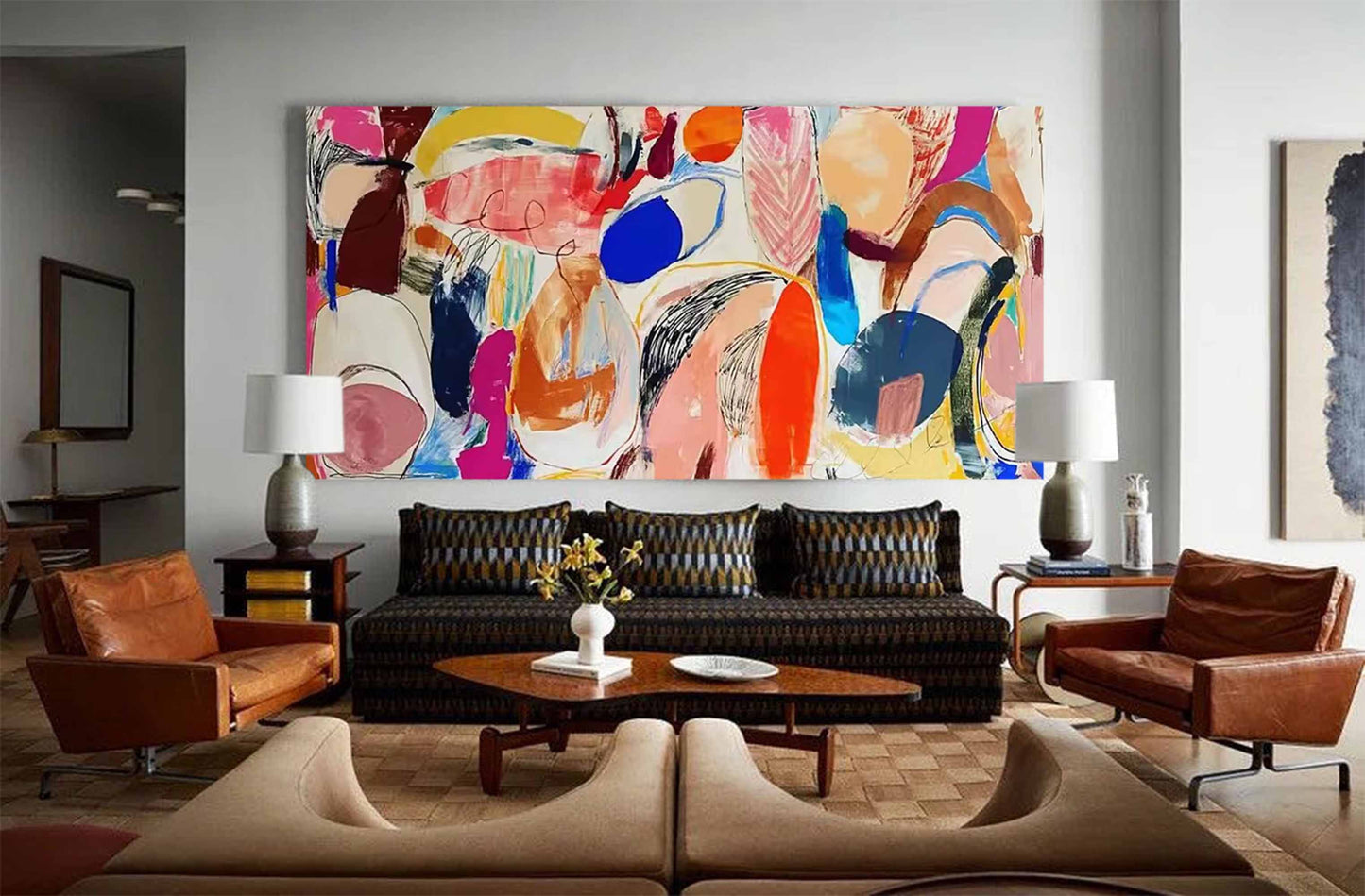 Vibrant Abstract Oil Painting with Dynamic Shapes and Bold Colors for Modern Decor