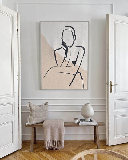 Elegant Beige Abstract Oil Painting with Minimalist Figure Art for Modern Home Decor