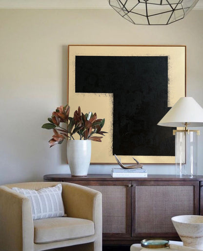 Elegant Black and Gold Minimalist Geometric Oil Painting for Modern Decor