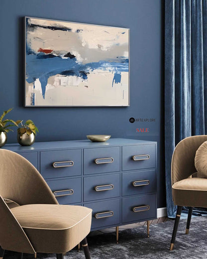 Contemporary Blue and White Abstract Oil Painting for Modern Home Décor