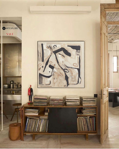 Contemporary Abstract Oil Painting with Bold Lines and Earthy Tones for Modern Decor