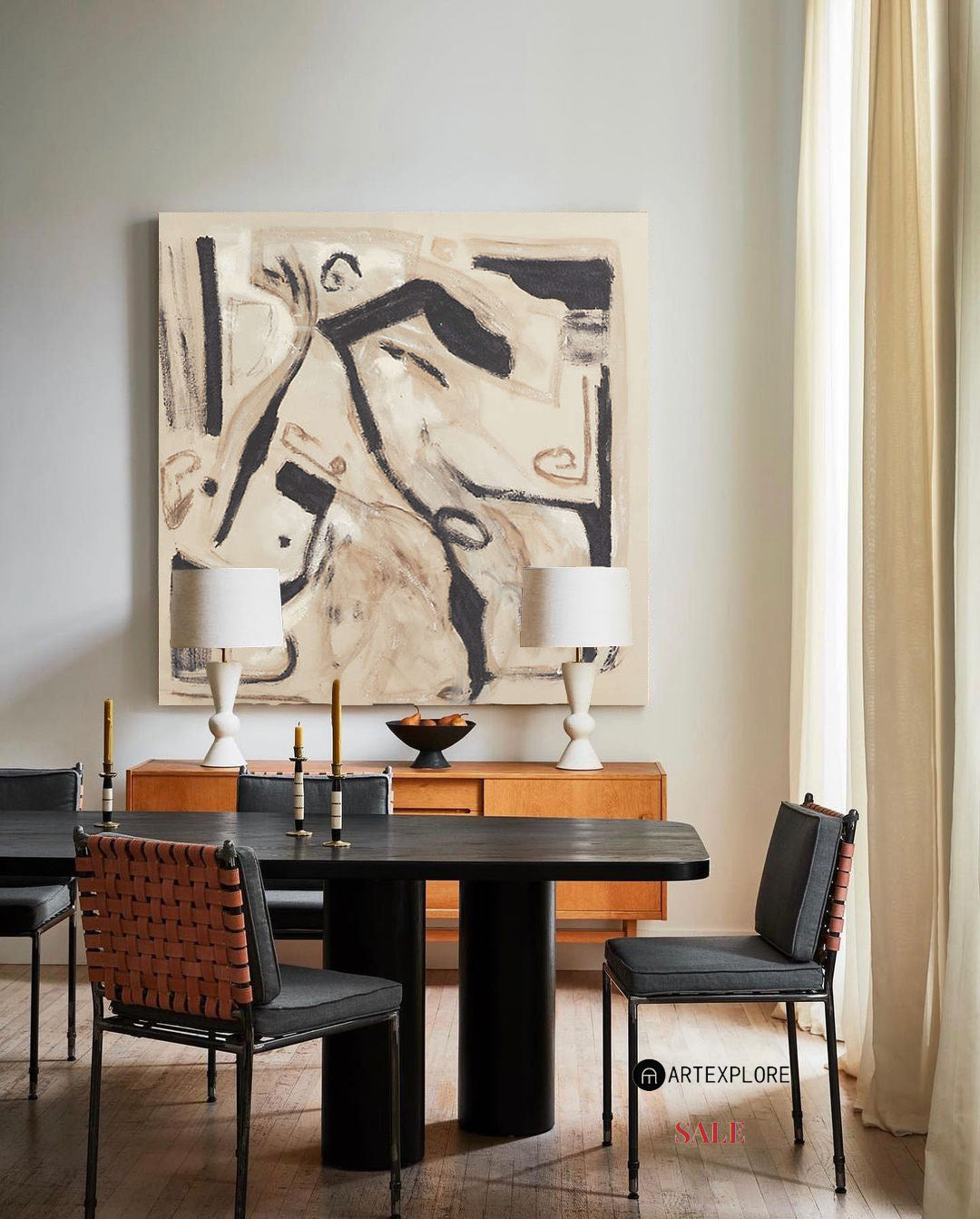 Contemporary Abstract Oil Painting with Bold Lines and Earthy Tones for Modern Decor