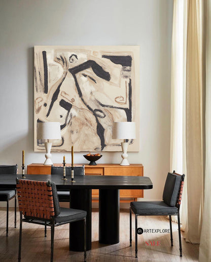 Contemporary Abstract Oil Painting with Bold Lines and Earthy Tones for Modern Decor