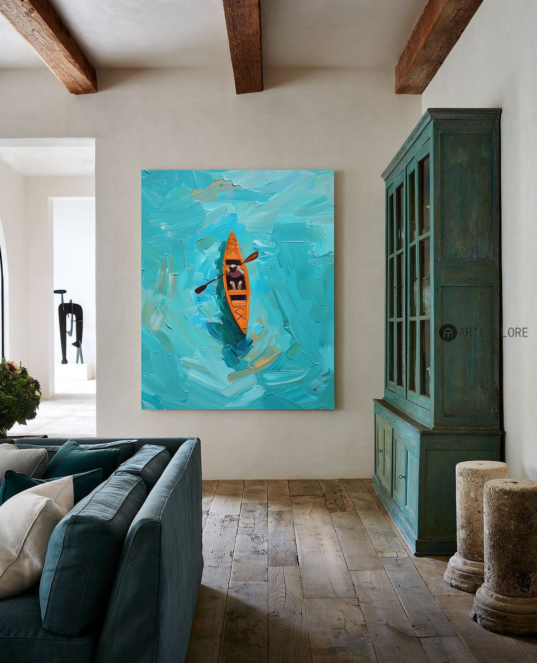 Vibrant Blue Ocean Kayaking Oil Painting for Nautical Home Decor