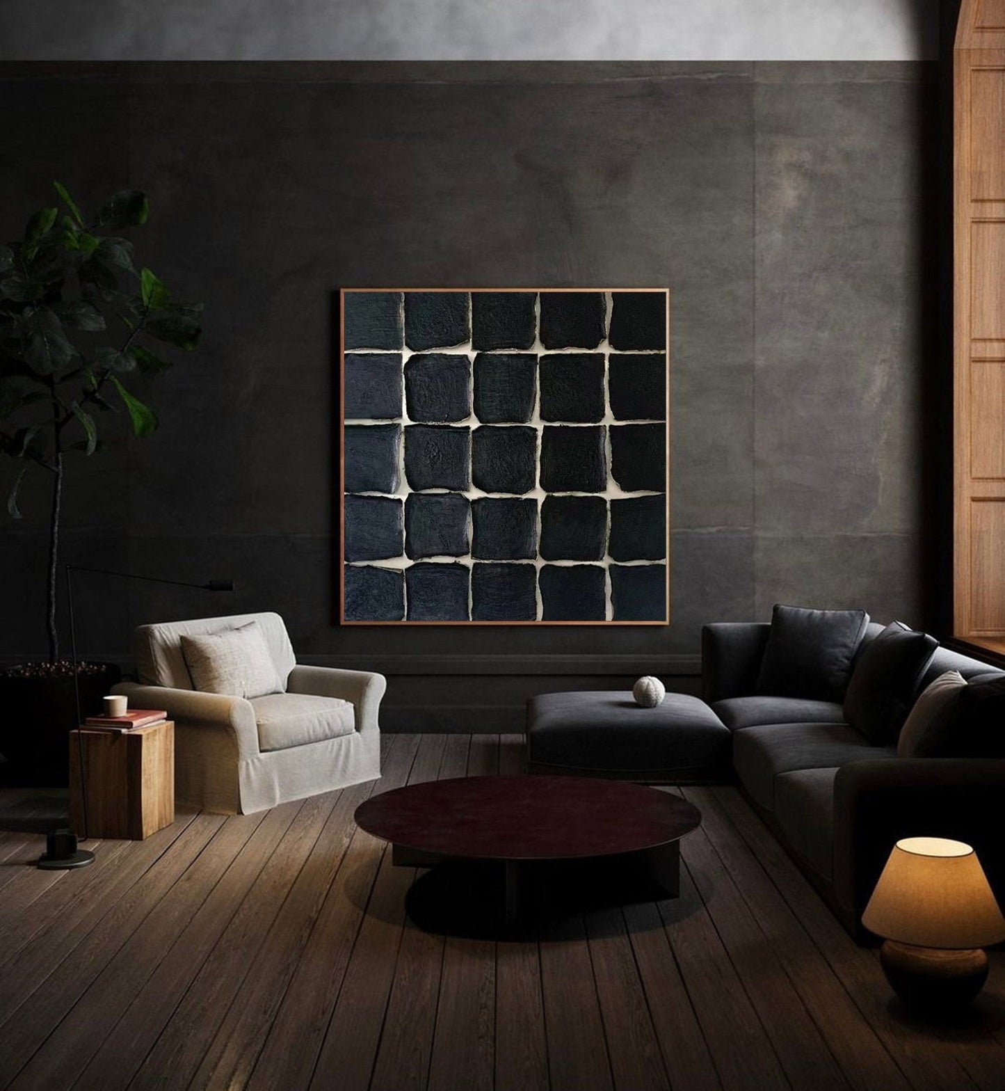 Elegant Black Minimalist Square Oil Painting for Modern Home Decor