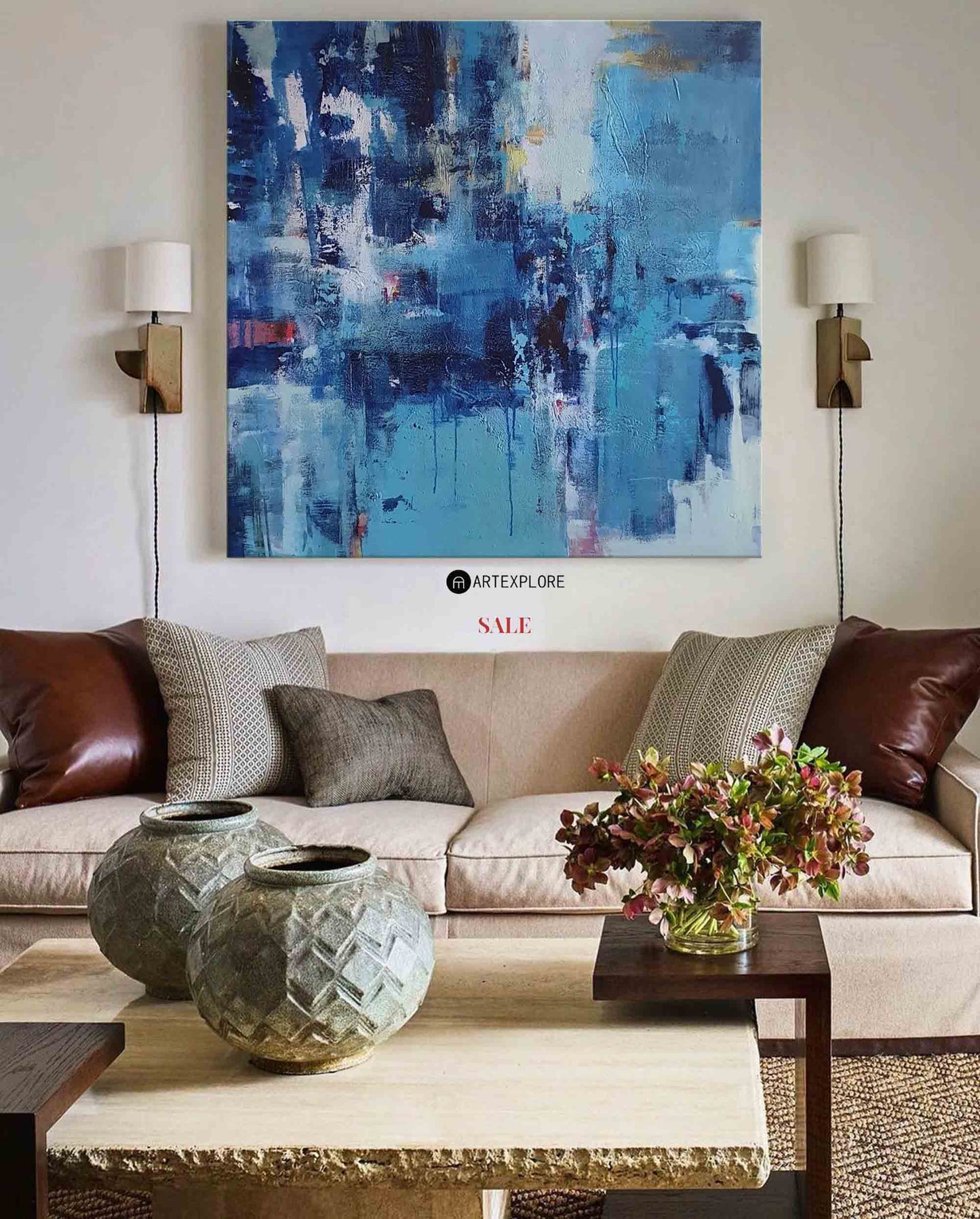 Vibrant Blue Abstract Oil Painting for Modern Home Decor