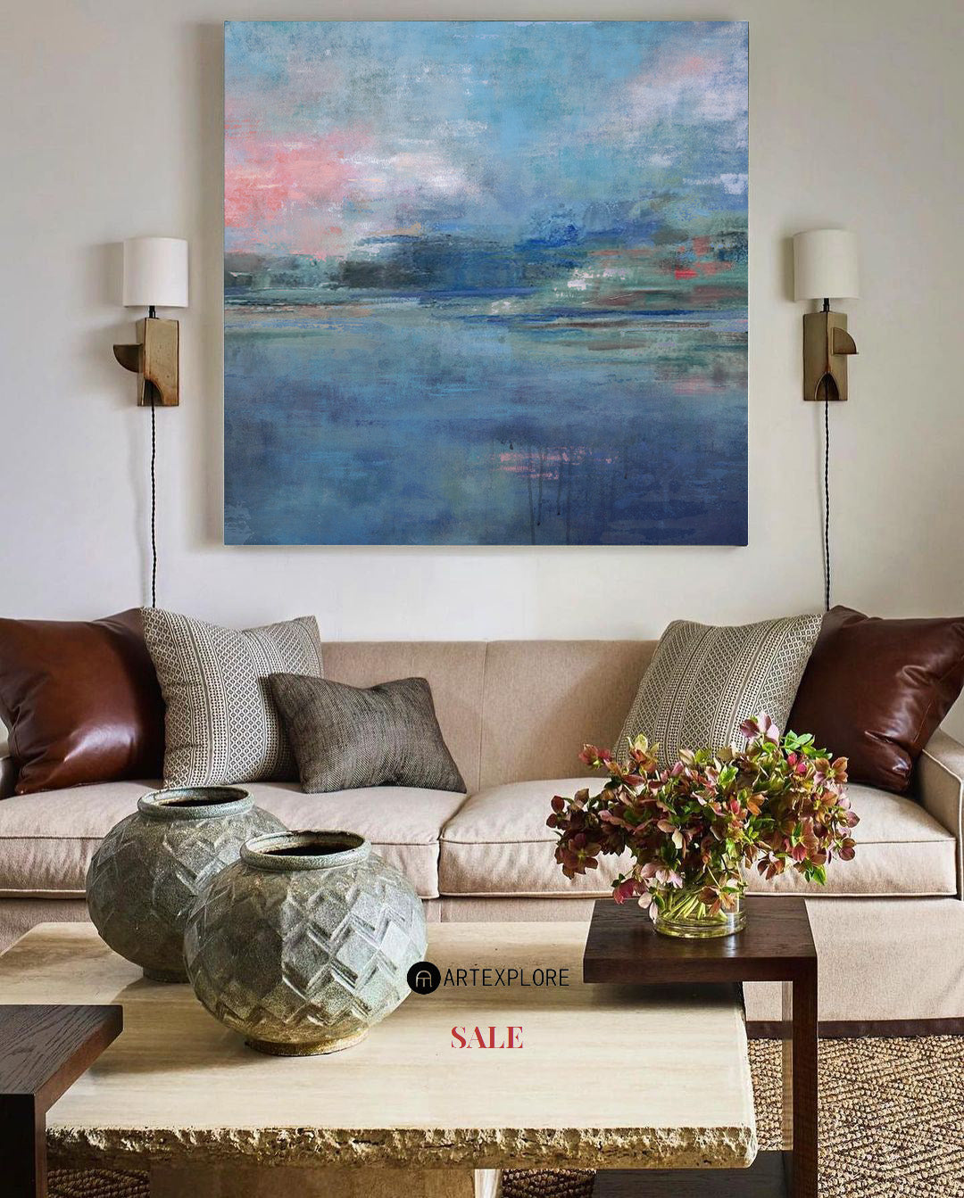 Tranquil Blue Abstract Seascape Oil Painting for Modern Home Decor