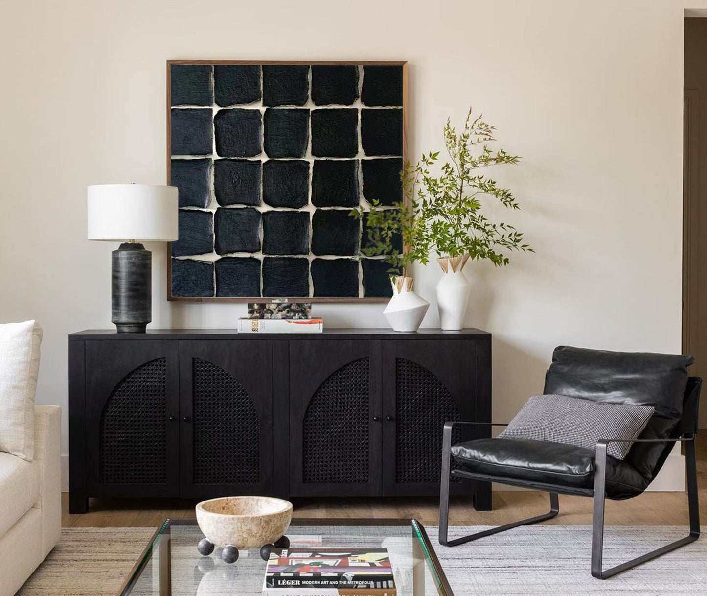 Elegant Black Minimalist Square Oil Painting for Modern Home Decor