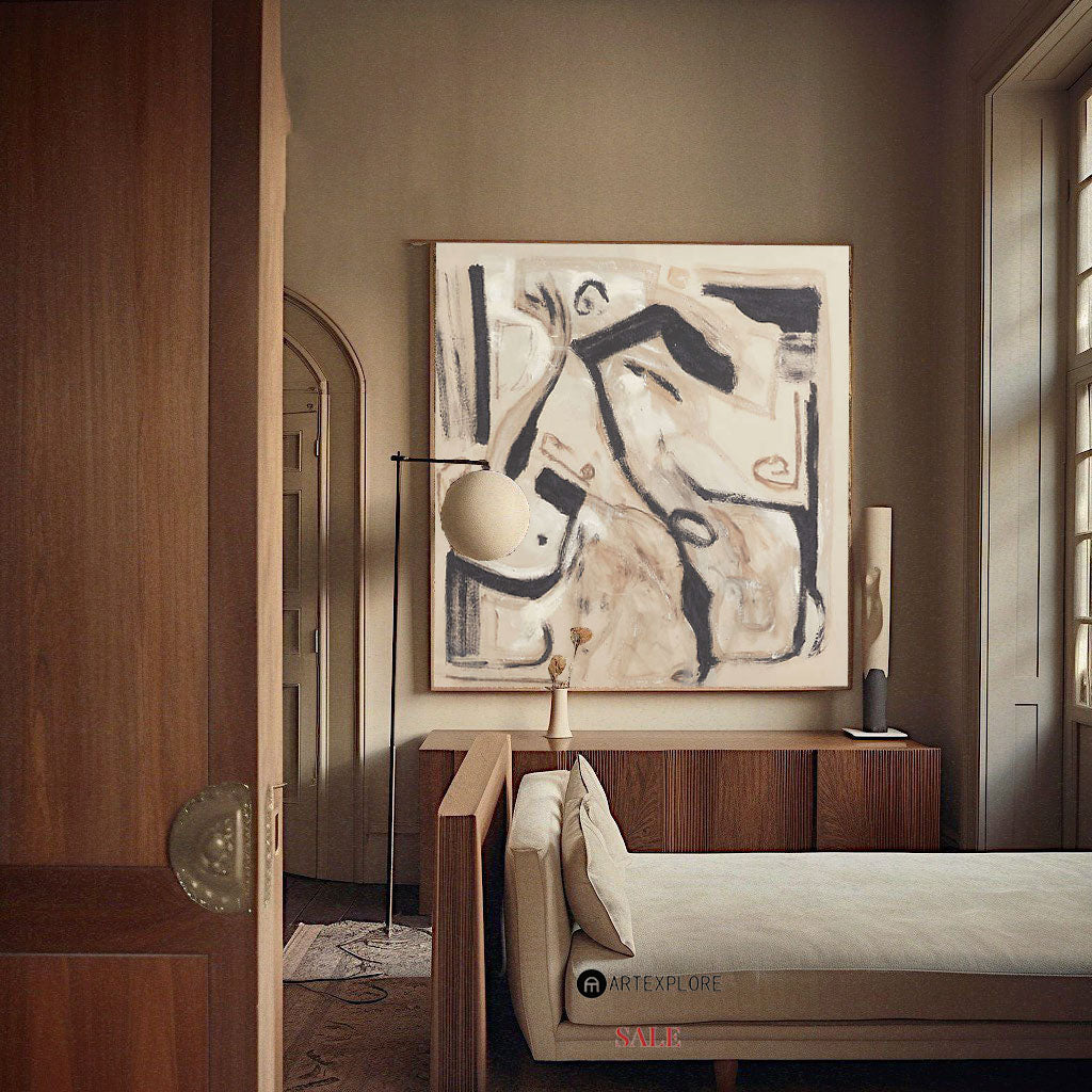 Contemporary Abstract Oil Painting with Bold Lines and Earthy Tones for Modern Decor