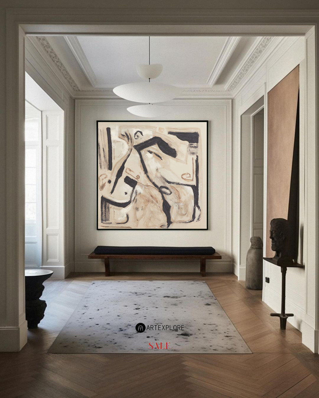 Contemporary Abstract Oil Painting with Bold Lines and Earthy Tones for Modern Decor