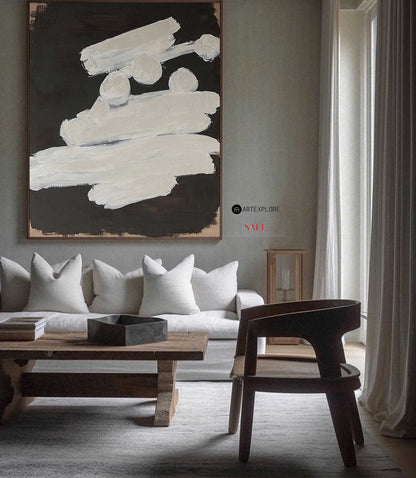 Contemporary Minimalist Abstract Oil Painting in Black and White for Modern Decor
