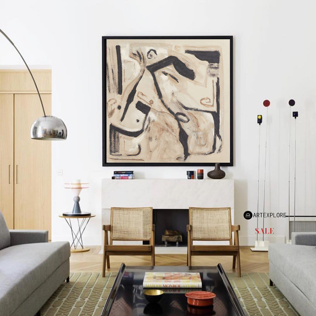 Contemporary Abstract Oil Painting with Bold Lines and Earthy Tones for Modern Decor