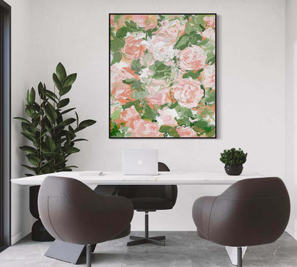 Vibrant Floral Oil Painting with Soft Pink and Green Hues for Elegant Home Decor