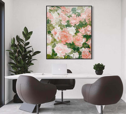 Vibrant Floral Oil Painting with Pink Roses and Green Leaves for Elegant Home Decor