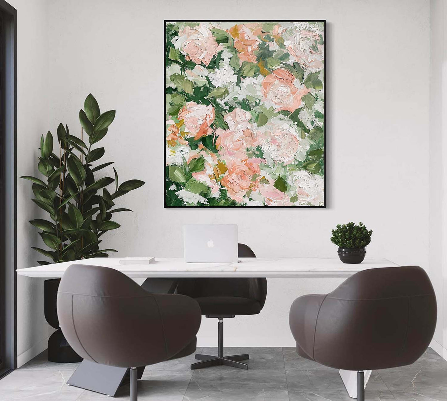 Vibrant Floral Oil Painting with Soft Pink Roses and Lush Greenery