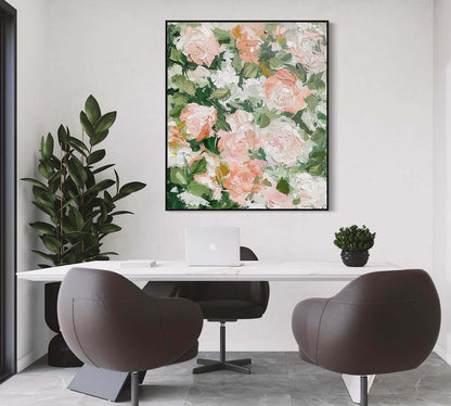 Vibrant Floral Oil Painting with Soft Pink Roses and Lush Greenery