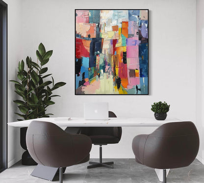 Vibrant Abstract Cityscape Oil Painting in Rich Color Palette for Modern Decor