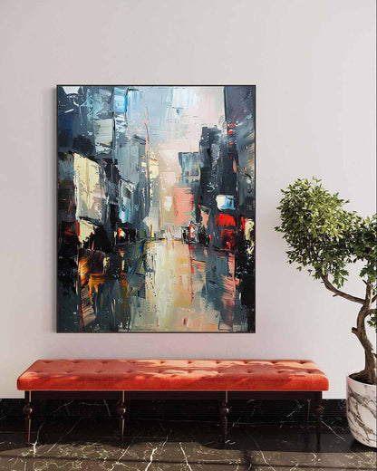 Vibrant Urban Landscape Oil Painting – Modern Cityscape Art for Home Decor