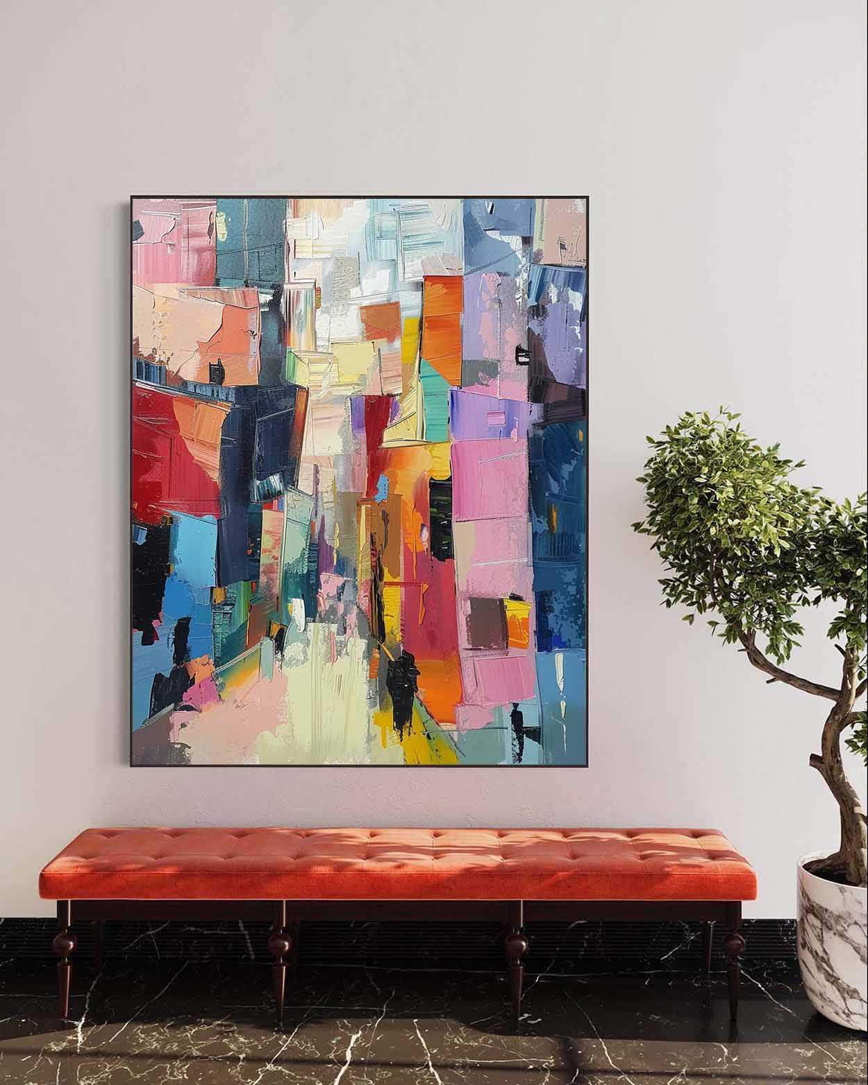 Vibrant Abstract Cityscape Oil Painting in Rich Color Palette for Modern Decor