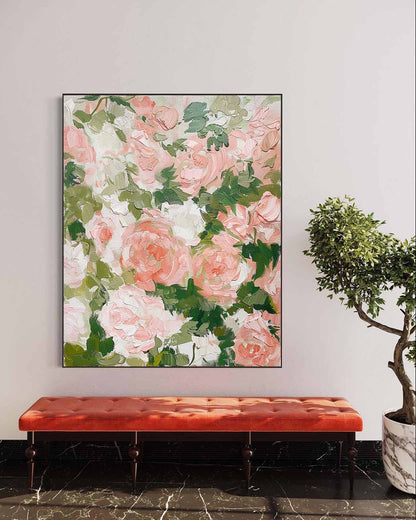 Vibrant Floral Oil Painting with Pink Roses and Green Leaves for Elegant Home Decor