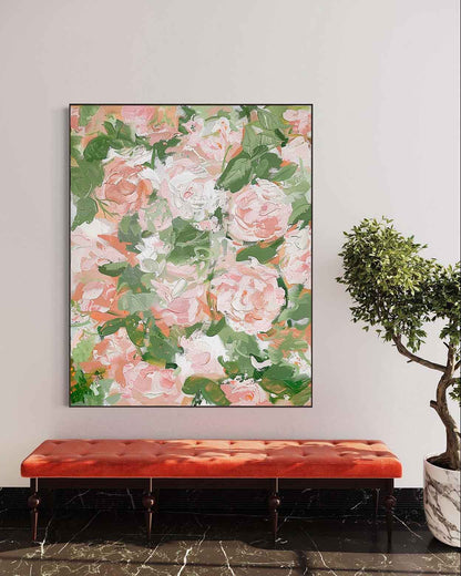 Vibrant Floral Oil Painting with Soft Pink and Green Hues for Elegant Home Decor