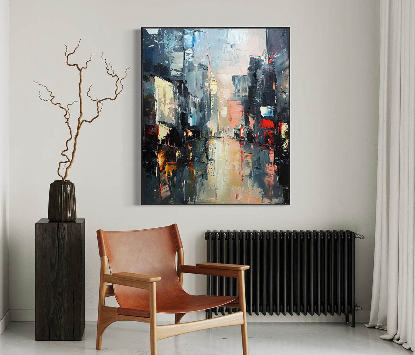 Vibrant Urban Landscape Oil Painting – Modern Cityscape Art for Home Decor