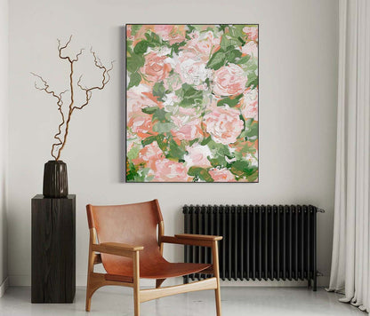 Vibrant Floral Oil Painting with Soft Pink and Green Hues for Elegant Home Decor