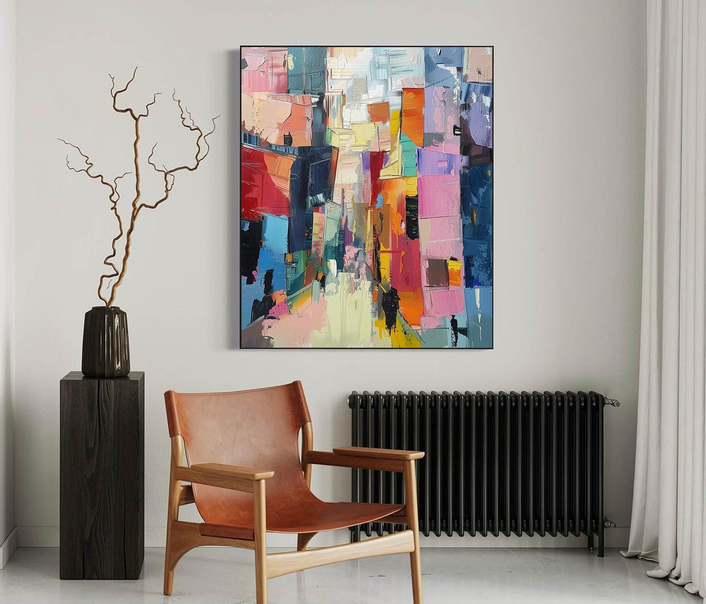 Vibrant Abstract Cityscape Oil Painting in Rich Color Palette for Modern Decor