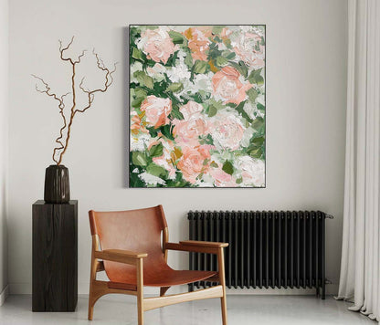 Vibrant Floral Oil Painting with Soft Pink Roses and Lush Greenery