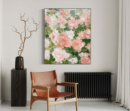 Vibrant Floral Oil Painting with Pink Roses and Green Leaves for Elegant Home Decor