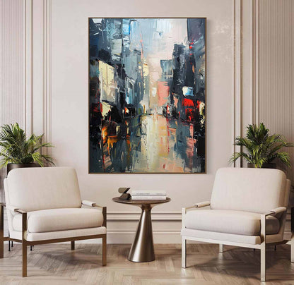 Vibrant Urban Landscape Oil Painting – Modern Cityscape Art for Home Decor