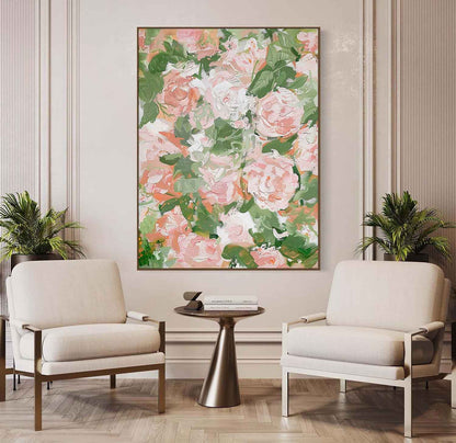 Vibrant Floral Oil Painting with Soft Pink and Green Hues for Elegant Home Decor
